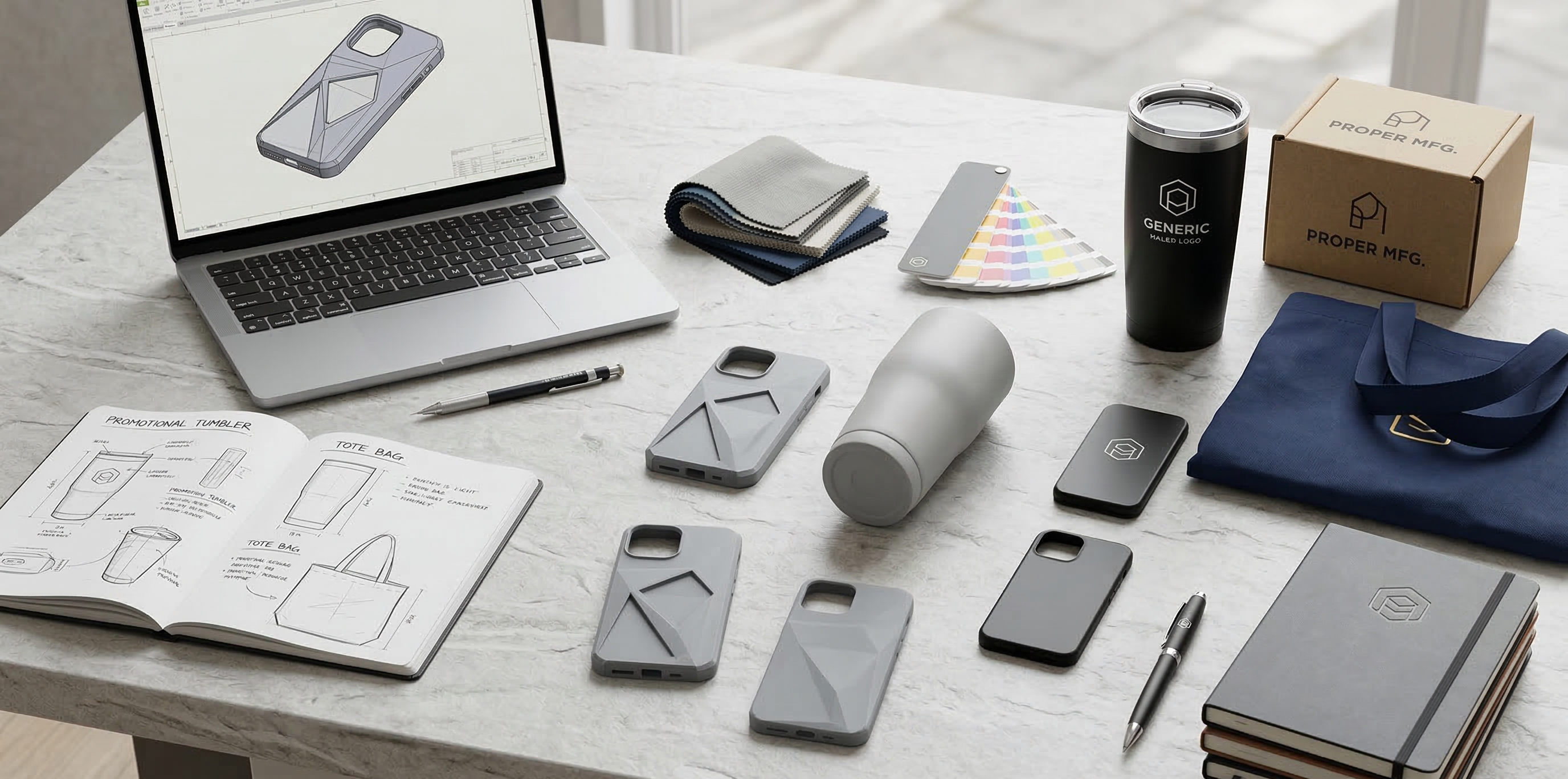 Product development desk with CAD designs, prototypes, samples, and finished branded merchandise