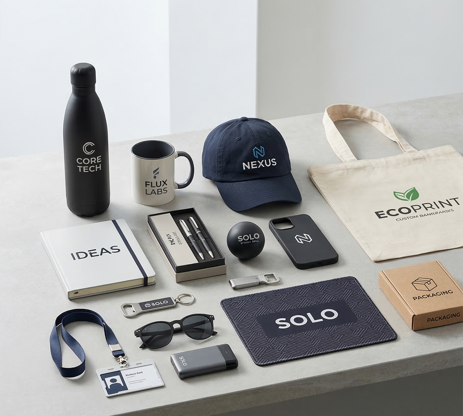 Custom branded promotional products including drinkware, hats, bags, and merchandise