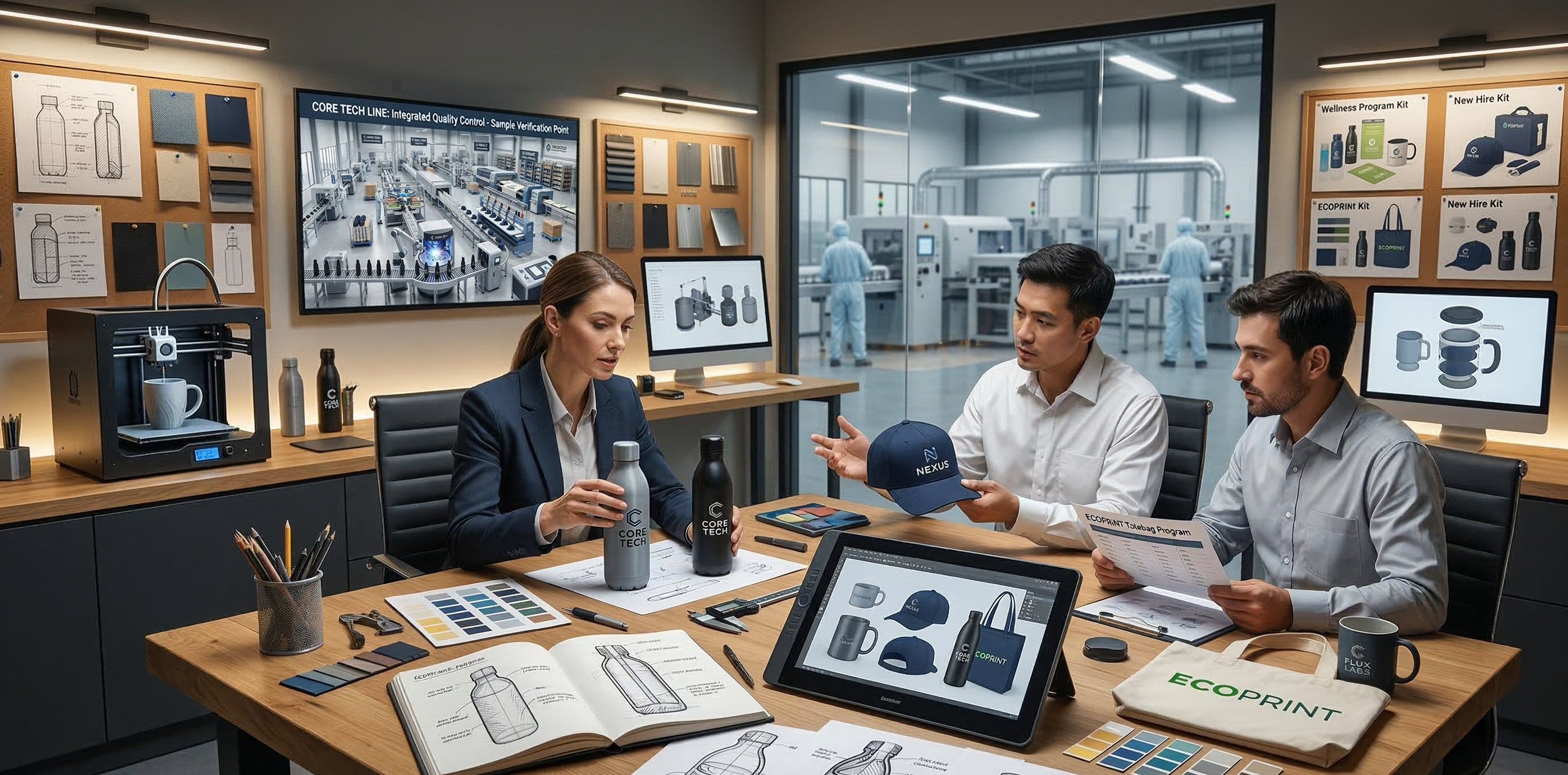 Team reviewing branded product samples and prototypes in a product development office